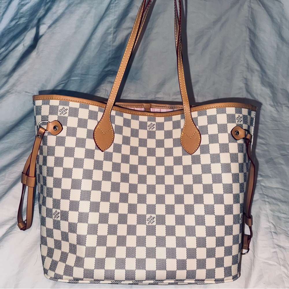 Damier Azur Style Neverfull MM-Inspired Tote with Pink Interior